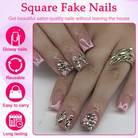 24 Pcs French Press on Nails Short Square, 3D Silver Bow & Glitter Rhinestones Design False Nails in 12 Sizes, Acrylic Full Cover Stick on Nails with Glue Stickers, Reusable Fake Nail Set for Women