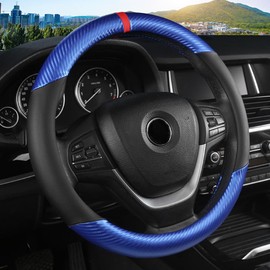 KAFEEK Classic Carbon Fiber Steering Wheel Cover, Universal 15 inch, Breathable Microfiber Leather, Blue