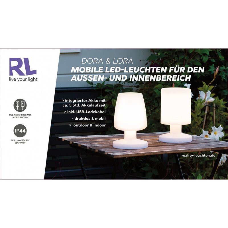 Reality Leuchten Dora Outdoor Table Lamp, Plastic, 1.5 W, White