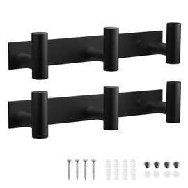 VAEHOLD Black Hat and Coat Wall Mount Rack - 3 Hooks for Robes, Bags, Keys, and Towels - Bathroom Towel Hanger Organizer (2 Pack)