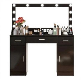 47.5" Wood Vanity Desk Mirror 3 Lighting Modes Adjustable Brightness 3 Drawers 2 Vertical Cabinets Makeup Vanity for Women Girlscolor: Black, size: Standard
