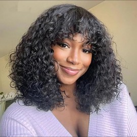 PECWU Curly Wig Human Hair with Bangs Water Wave Human Hair Wig Afro Curly Wigs for Black Women None Lace Front Glueless Short Kinky Curly Bob Wigs Brazilian Wigs Human Hair 200 Density (1B, 14")