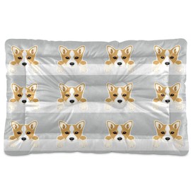 Poeticcity Welsh Corgi Dog Face Heads Seamless on White Grey Dog Cat Bed Mat Soft Crate Pad Mattress Cushion for Small Medium Pets, Anti Slip Sleeping Kennel Mat Washable & Dry 36x24 inch