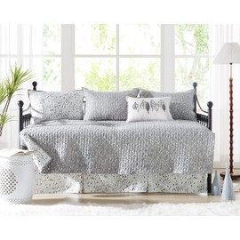 Southshore Fine Living, Inc. Twin Daybed Comforter Set, 6-Piece Twin Bedding Set with Daybed Cover, 3 Pillow Shams, Bed Skirt, Throw Pillow - Twin Day Bed Quilt Set, Botanical Leaves Grey