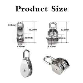 2 Pcs M15 Single Pulley Block and Two Pulley, 304 Stainless Pulley Block Silent Pulley Wheel, Wall Mounted Adjustable Angle Pulley for Handling And Moving Sliding Wire Rope