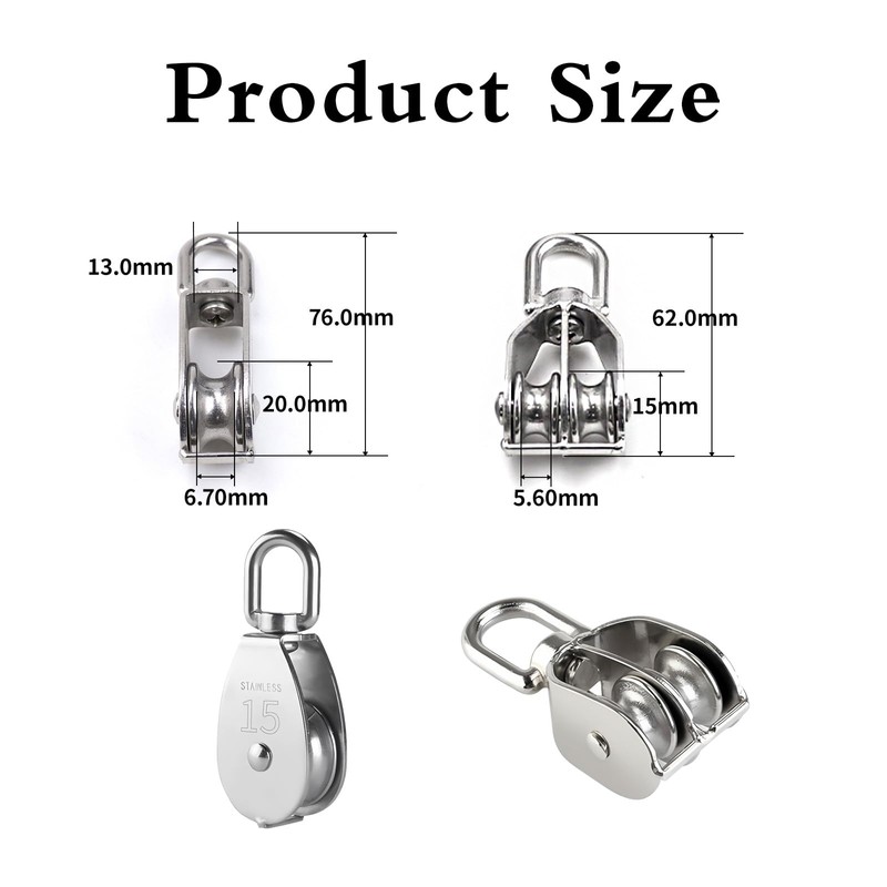 2 Pcs M15 Single Pulley Block and Two Pulley, 304