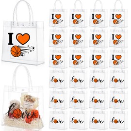 Sweetude 24 Pcs Basketball Gift Bags with Handles Bulk Clear Basketball Goodie Bags Sport Theme Snack Treat Candy Party Favor Gifts for Team Birthday Baby Shower Decorations Supplies, 8 X8 X3.6''