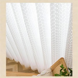 Yaland Jacquard Net Curtain, Elegant Curtain with Delicate Leaf Pattern, Bistro Curtain with Ruffle Tape, 1 Piece, White, H x W 90 x 130 cm