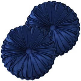 HIG Set of 2 Decorative Round Pleated Throw Pillows, Classy Accent Pumpkin Throw Pillows with Center Button, Vintage Velvet Floor Pillows for Sofa Couch Vanity Chair Bed, Navy, 14.5" Diameter(Ripple)