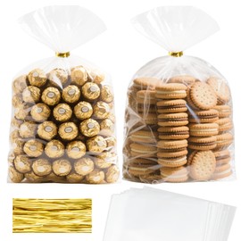 RICEDUO 50-Pack 8"x11" Clear Bottom Gusset Cellophane Gift Bags with 4.7" Gold Twist Ties - Elegant Cello Packaging for Party Favor Packaging, Gift Mug Toy Wrapping, Food Storage (No Side Gusset)