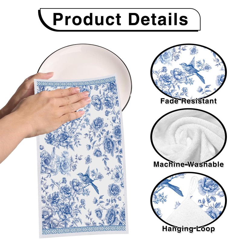 VISSTREE Chinoiserie Floral Kitchen Towels, 4 PCS White Blue Flowers