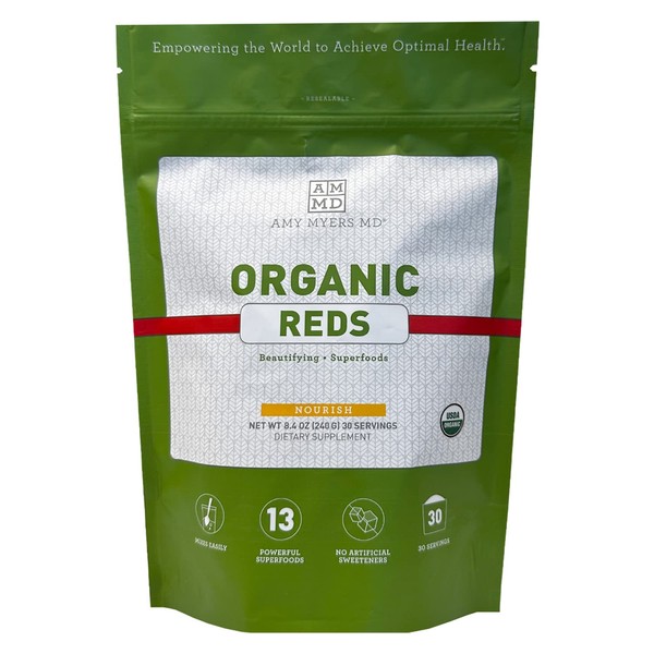 Dr Amy Myers Organic Reds Superfood Powder - Best Super Reds Powder with +13 USDA Certified Organic Ingredients - Contains Organic Beet Root Powder, Pomegranate, Raspberry + More - 30 Servings