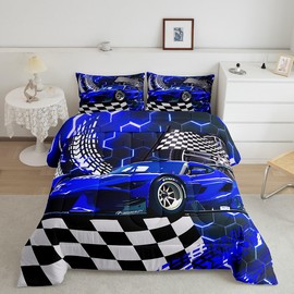 Toddler Race Car Bed,Blue Neon Lights Honeycomb Twin Bedding Set for Boys Cool Sports Car Glitter Beehive Geometric Hexagon Comforter Set,Black White Grid Lattice Quilt Buffalo Plaid Decor