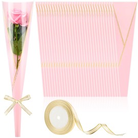 CLUEWR 100 Pack Single Rose Sleeves, Flower Bouquet Bags Single Flower Wrapping Bags with Ribbon for Wedding, Birthday, Florist Supplies (Pink)