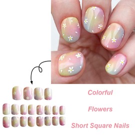 Colorful Press on Nails Short Square Fake Nails with Daisy Flowers Pattern Designs Acrylic Glossy False Nails Artificial Full Cover Glue on Nails Holiday Stick on Nails for Women 24 PCS Nail Art