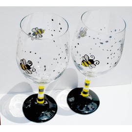 Honey Bee Hand Painted Stemmed Wine Glasses Set of 2