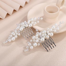 Teyglen 2pcs Elegant Pearl Wedding Hair Comb Silver Bridal Side Comb for Bride Wedding Hair Accessories Decorative Pearl Bridal Headpiece for Women (Silver)