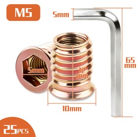 TXXATX Screw-in Nut Wood M5 x 12 mm Threaded Insert Wood Pack of 25 Screw-In Sleeve M5 Screw-In Nuts Galvanised Hex Screw Sleeve Hexagonal Nuts for Wooden Furniture Shelves Workbenches Garden