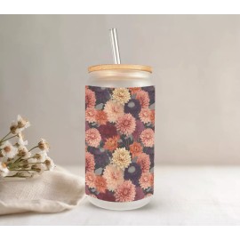 Mugzan Garden Of Dahlias Frosted Glass Can Bamboo Lid 16 Oz Floral Glass Cup by Mugzan