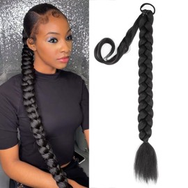 BOBIYA Long Braided Ponytail Extension 30 Inch Pre stretched Braiding Hair Extensions DIY Braid Ponytail Natural Soft Ponytails (Black Brown)