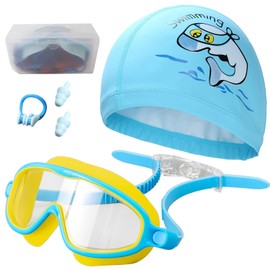 Gafas de natación,Gorro de natación para niños,Juego de gafas de natación-con gorro de natación/gafas/tapones/gancho para la nariz/estuche para gafas,Protección UV (Azul)