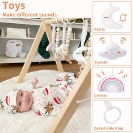 little dove Foldable Wooden Play Gym with 6 Toys - Infant Activity Gym for Baby Girls and Boys with Hanging Bar - Montessori Newborn Gift