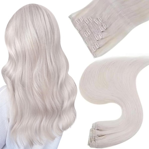 Easyouth Real Hair Clip-In Real Hair Extensions Clip in Colour White Blonde 14 Inches 7 Pieces 70 g Double Weft Clip On Remy Extension for Women