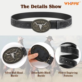 WHIPPY Mens Cowboy Belt Western Belts for Men Women with Engraved Floral Bull Head Buckle Western Leather Buckle Belt for Jeans,Black-Silver 42 Inches