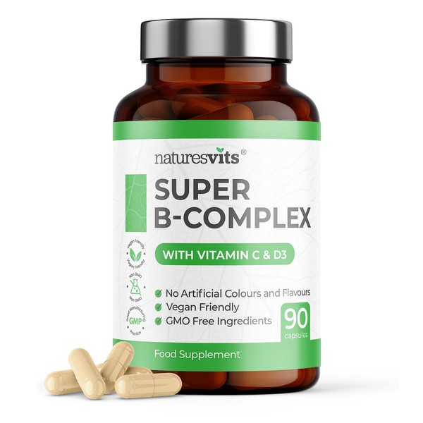 High Strength Vitamin B Complex, 90 Capsules - Contains Vitamin C and D, Folic Acid, Biotin, Thiamine, Riboflavin, Niacin, Pantothenic Acid and More - Supplements for Fatigue