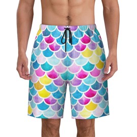 Daozundi Mens Swim Trunks with Mesh Lining,Mermaid Scales Watercolor Fish Bright Summe Quick Dry Swimsuit Board Shorts Beach Pants Swimwear Bathing Suits L