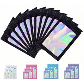 Rimiko 50pcs Mylar Bags with Clear Window, Aluminum Foil Sample Bags, Resealable Holographic Pouches for Packaging and Food Storage (Holographic Black, 4.1"x5.9")