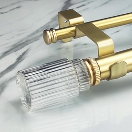 ILAISIHOME 1-1/8 Inch Diameter Gold Curtain Rods with Ribbed Glass Finial, 36-72 inch Telescoping Double Curtain Rods for window width 24-68 inch, 1 pack