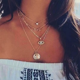 Sttiafay Gold Layered Necklace for Women Dainty Multilayer Disc Moon Pendant Necklace VIntage Rhinestone Evil Eye Choker Necklace Gifts for Her