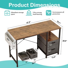 Lkeiyay Rustic Brown Modern Simple 47 Inch Computer Desk, Ideal for Small Spaces,Features File Drawers & Storage Shelf,Reversible Home Office Writing Table with Bag for Bedroom, Teen, Study