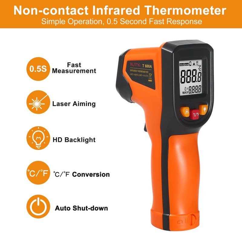 NJTY Infrared Thermometer Non-Contact Digital Temperature Gun -50°C~600°C (-58°F~1112°F) with