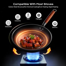 ziluetar Carbon Steel Wok 13-Inch Wok Pan with Glass Cover Silicone Spatula, Non-Stick Surface Woks & Stir-Fry Pans Pre-Seasoned Chinese Wok Pan for Induction, Electric, Gas Stoves Cooking