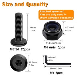 weideer 30pcs M6 x 30mm Flat Head Socket Head Screw Furniture Bolts,Stainless Steel 18-8 (304) Furniture Screws with Spare Nylon Lock Nuts with Hex Spanner (25pcs Bolts+5pcs Nuts)