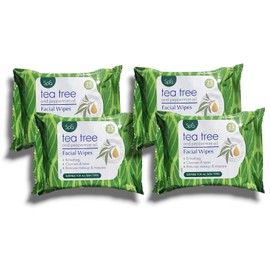 4x Spa Tea Tree and Peppermint Oil Facial Wipes - 25 Counts | Refreshing, Cleanses & Tones, Removes Makeyp & Mascara | Suitable for All Skin Types | 100 Wipes in Total