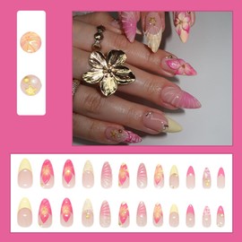 24 Pcs Press on Nails Short Almond Summer Nail Tips,YEFIUO Acrylic Nail Kit French Fake Nails Press ons Glue on Nails Full Cover Reusable Flower 3D Shell Texture Stick on False Nails Art for Ma'am