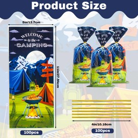 Docvania Camping Cello Cellophane Treat Gift Bags Camp out Cookie Bags 100 pcs 5 X 11 Camp Goodie Bag with Ties for Camping, party decorations and festivals