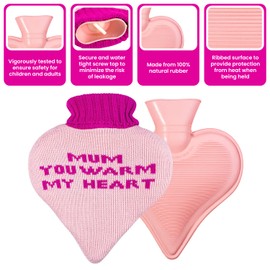 1L Hot Water Bottle with Mum Heart Cover - Natural Rubber 1 Litre Hot Water Bottle - Perfect Hot Water Bag for Pain Relief, Hand Feet Warmer and Cold Compress (Mum You Warm My Heart)