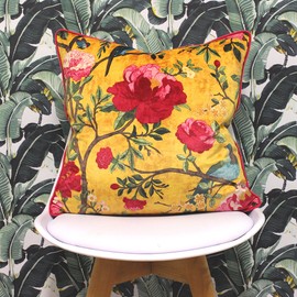 Riva Paoletti Chinoiserie Cushion Cover - Gold Yellow - Chinoiserie Flower Bird Print - Piped Edges - Machine Washable - 100% Polyester - 50 X 50cm (20" X 20" Inches) - Designed in the UK