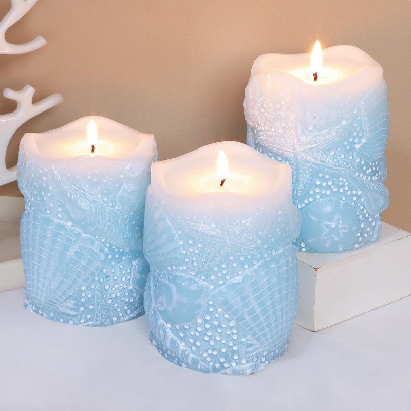 Immeiscent Coastal Starfish Seashell Pillar Candles Set of 3 Light