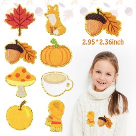 8 Pcs Fall Iron on Patches Glitter Thanksgiving Pumpkin Maple Leaves Chenille Sew on Repair Embroidered Applique Autumn Harvest Seasonal Holiday DIY Crafts Decorative Gifts for Clothing Backpack Hat