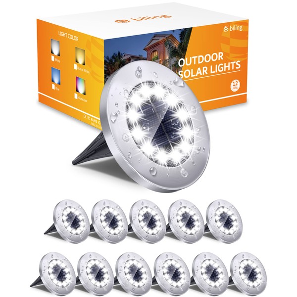 Biling Solar Outdoor Lights 12 Packs, Bright 12 LEDs Solar Ground Lights Waterproof, Flat Pathway Lights Solar Powered for Yard Walkway Garden Driveway (White)