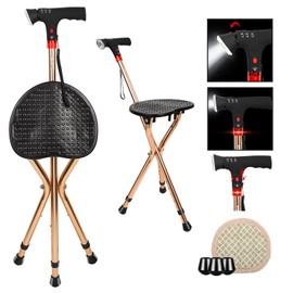 LINGTHIN Cane with Seat for Men 220 lbs Capacity, Height Adjustable Foldable Stick Chair Cane and Stool Dual-use with LED Flashlight, Warning Light and Alarm for Elderly and Adults.