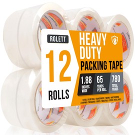 Rolett Packing Tape, 12 Rolls Shipping Tape, Heavy Duty Packaging Tape 1.88" x 65 Yards, 780 Total Yards, Clear Packing Tape Refills for Shipping Packaging Mailing, Strong Seal on All Box Types