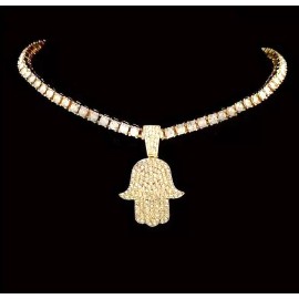 Big Dawgs Bling Silver Hand of God Hamsa Fatima Iced CZ Pendant w 20" Tennis Chain Necklace