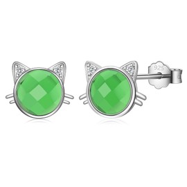 Sterling Silver Cat Stud Earrings for Women Girls, Hypoallergenic Silver Cute Cat Face Stud Earrings with Green Cubic Zriconia Jewelry Gifts for Teens Kids