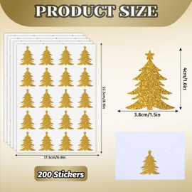 Whaline 200Pcs Christmas Tree Stickers Glitter Gold Xmas Tree Envelope Seal Stickers Self-Adhesive Party Favor Sealing Labels for Holiday Wedding Invitations Cards Gift Decor